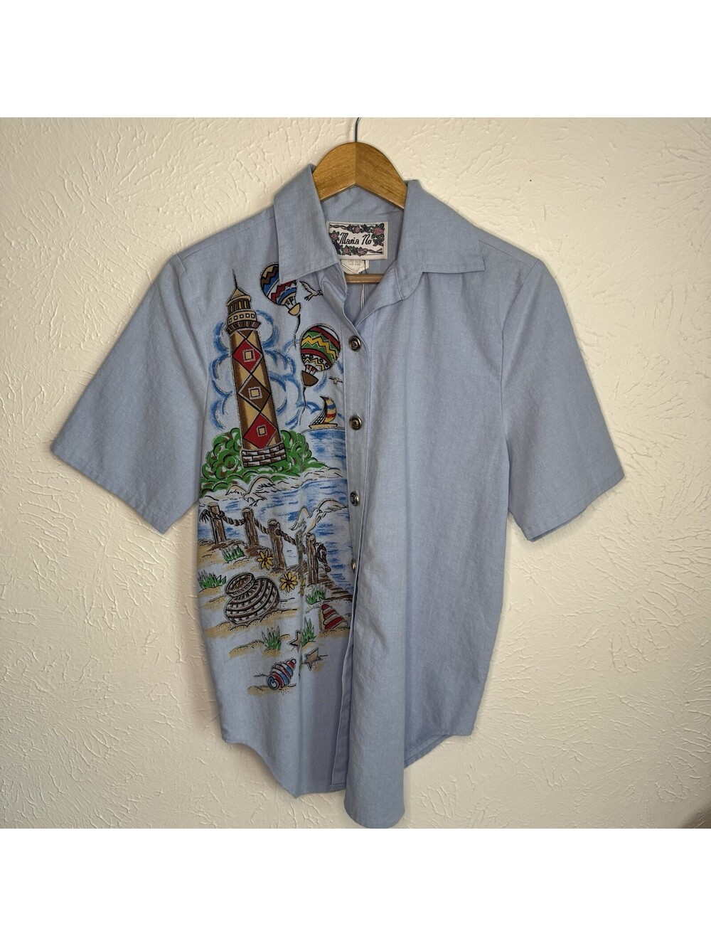Vintage Maria No Novelty Seaside Short Sleeve Seashell Button Up Shirt
